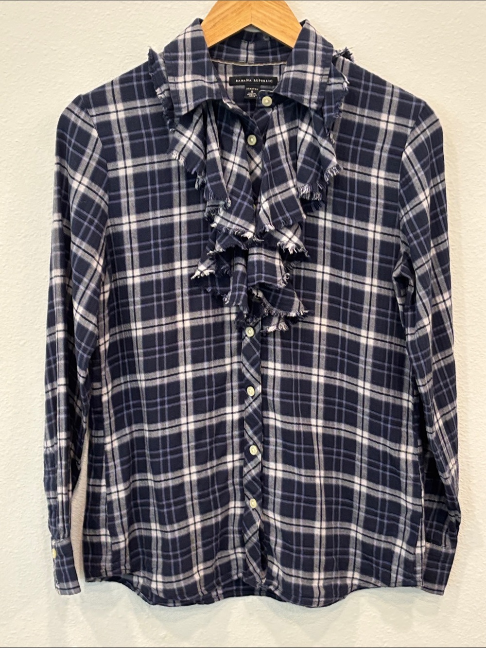 Banana Republic Women’s S Cotton Navy and White Plaid Ruffle Button-Down Shirt